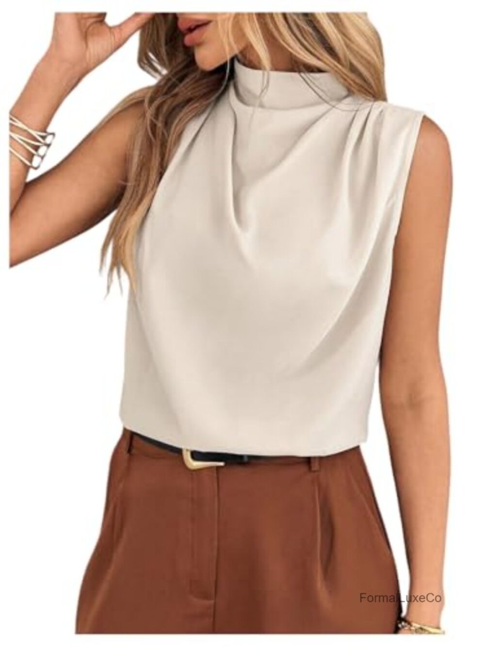 Women's Mock Neck Sleeveless Draped Ruched Satin Blouse Dressy Casual Top